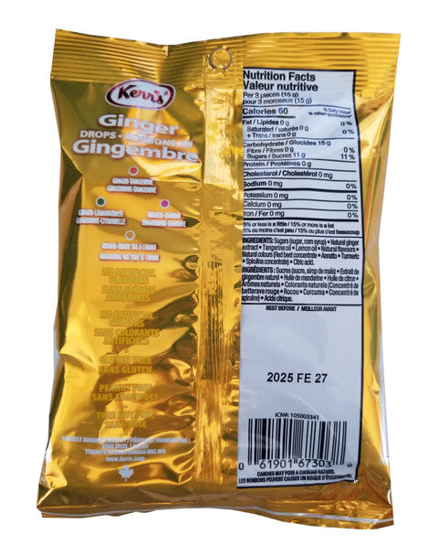 Kerr's Ginger Drops Hard Candies, 200g/7 oz. Bag Back Part Nutritional Information