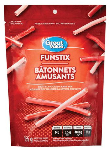 Great Value Funstix Fruit Flavoured Candy Mix, 155g/5.5oz., .