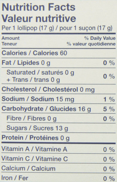 Jolly Rancher Assorted Lollipops, 850g Box (50 x 17g lollipops) {Canadian} Nutrition Facts