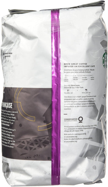 Starbucks French Roast Whole Bean 100% Arabica Coffee 1.13kg/2.5lbs Back Side Information