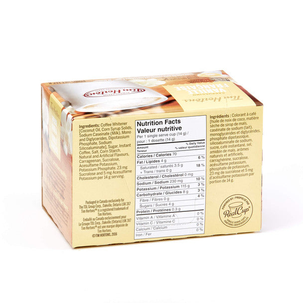 Tim Horton's Cappuccino French Vanilla K-cups 10 Count 148g Back Side Information