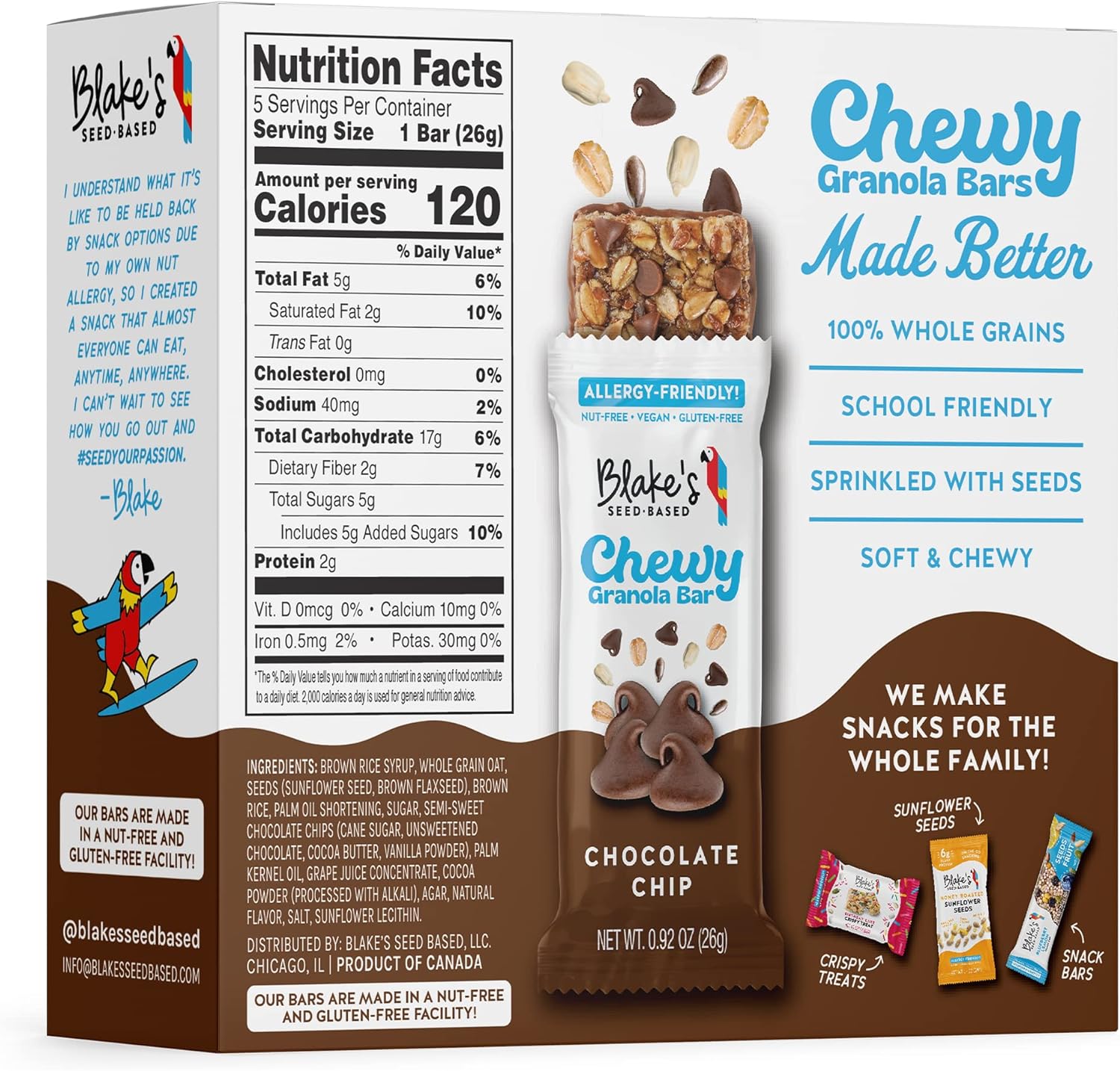 Blake’s Seed Based Chewy Granola Bars — Chocolate Chip (5 Count), Vegan, Gluten Free, Nut Free & Dairy Free, Healthy Snacks for Kids or Adults, School Safe, Low Calorie Soy Free Snack