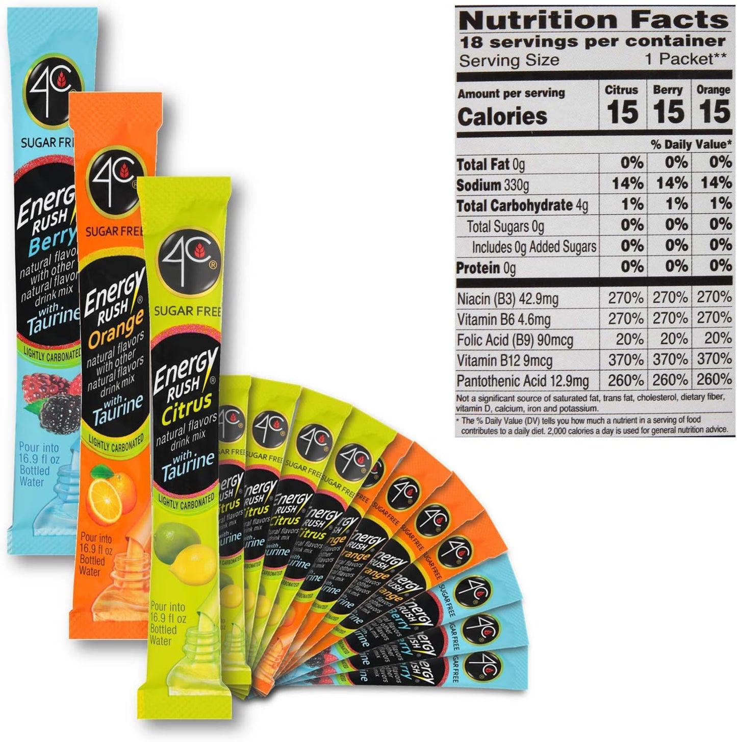 4C Totally Light Bonus Variety Pack, Energy Rush, 18-Count Boxes (Pack of 3) - 4.98oz/141g Nutrition Facts