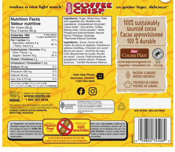 NESTLÉ Mini COFFEE CRISP Chocolate Bars, 25pcs, 300g Back Part Ingredients List