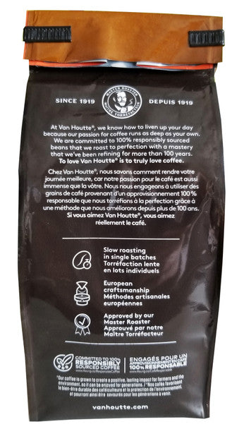 Van Houtte Amaretto Inspiered Light Ground Coffee 340g/12oz Package Back Side Information