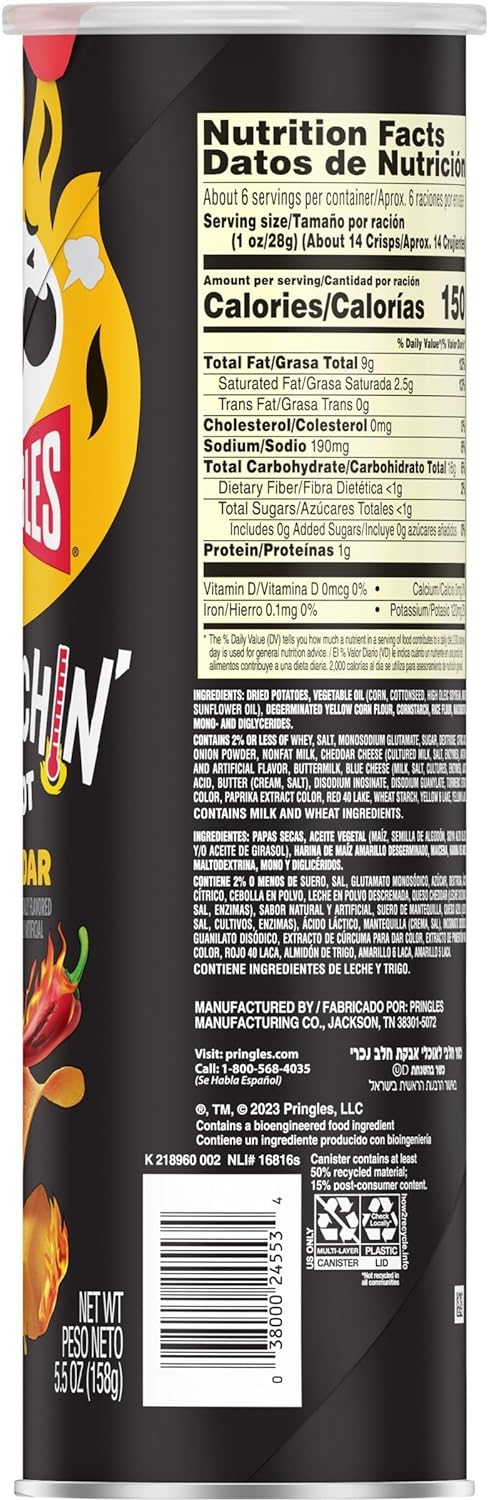 Pringles Scorchin' Cheddar Potato Crisps Chips, 5.5 oz