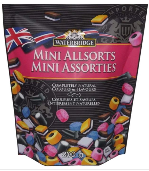Waterbridge Mini Allsorts Classic | Mini Jelly Buttons, Licorice Rolls and Twists, Mini Fruit Sandwiches | Natural flavors & Colors | Fun Shapes and Tastes | 200g