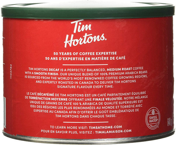 Tim Hortons Fine Grind Decaf Coffee - Medium Roast - 640g/1.4lbs Package Back Side Information