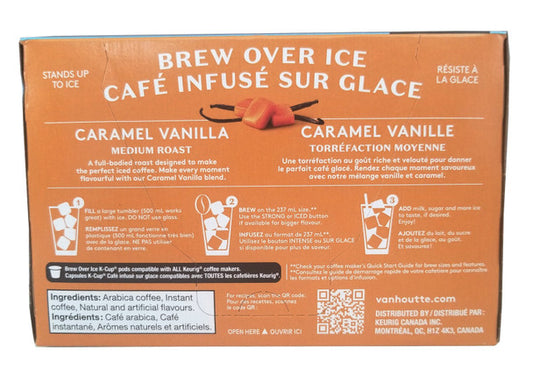 Van Houtte Brew over Ice Caramel Vanilla Medium Roast Coffee, 10 K-Cups - 115g/4oz Package Back Side Information