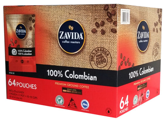 Buy Zavida 100% Colombian, Medium Roast, Premium Ground Coffee, 64 pouches (56.7g/2 oz.), 3.6kg/8 lbs. Box .