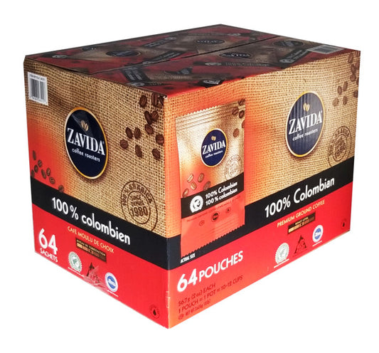 Shop Zavida 100% Colombian, Medium Roast, Premium Ground Coffee, 64 pouches (56.7g/2 oz.), 3.6kg/8 lbs. Box .