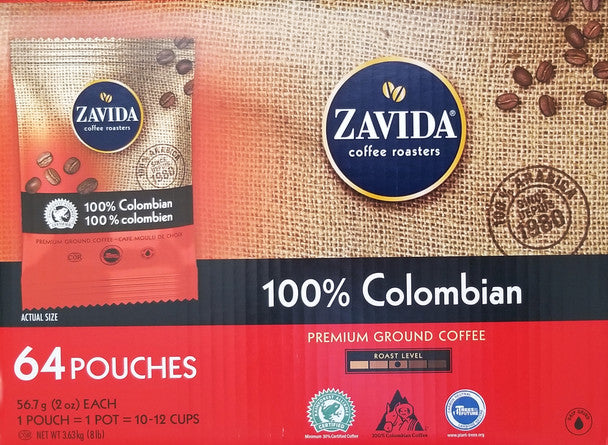 Purchase Zavida 100% Colombian, Medium Roast, Premium Ground Coffee, 64 pouches (56.7g/2 oz.), 3.6kg/8 lbs. Box .