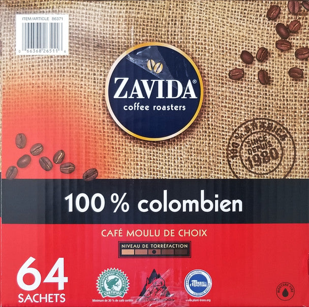 Get Zavida 100% Colombian, Medium Roast, Premium Ground Coffee, 64 pouches (56.7g/2 oz.), 3.6kg/8 lbs. Box .