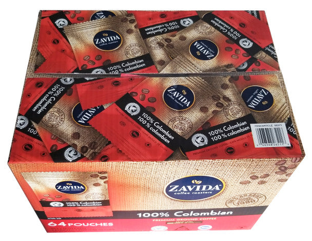 Grab Zavida 100% Colombian, Medium Roast, Premium Ground Coffee, 64 pouches (56.7g/2 oz.), 3.6kg/8 lbs. Box .