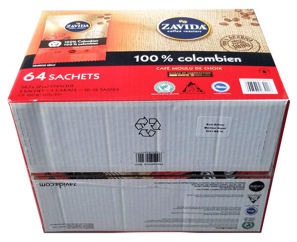 Zavida 100% Colombian, Medium Roast, Premium Ground Coffee, 64 pouches (56.7g/2 oz.), 3.6kg/8 lbs. Box  Package Look