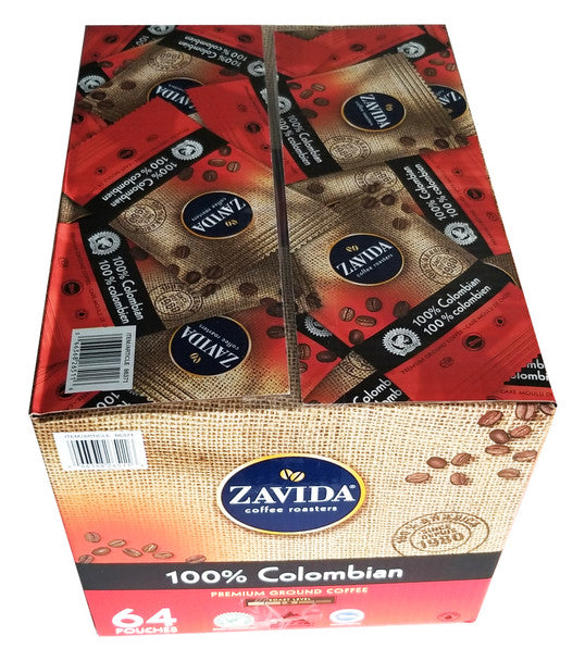 Zavida 100% Colombian, Medium Roast, Premium Ground Coffee, 64 pouches (56.7g/2 oz.), 3.6kg/8 lbs. Box . Package