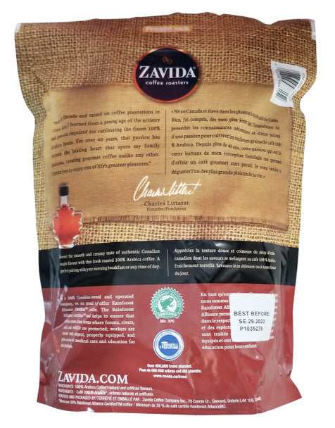 Zavida Canadian Maple, Medium Roast, Premium Whole Bean Coffee, 907g/2 lbs. Bag .