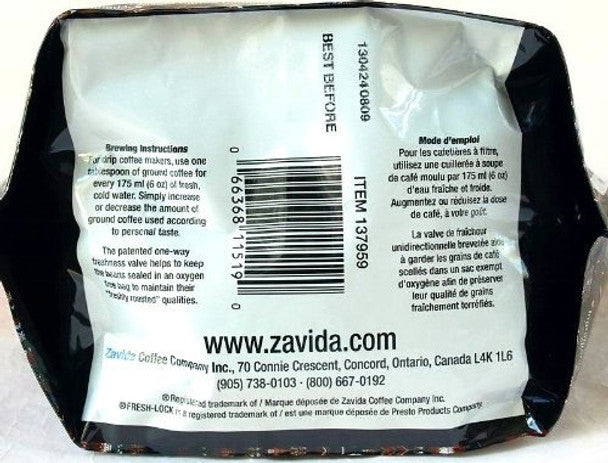 Zavida Hazelnut Vanilla Whole Bean Coffee - 907g/32oz Package Back Side Information