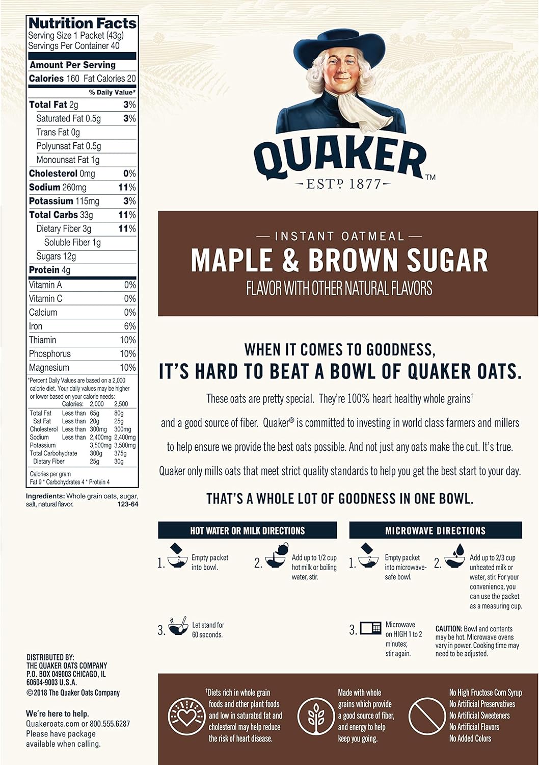 Quaker Instant Oatmeal, Maple Brown Sugar (40 Count), 60.6 oz