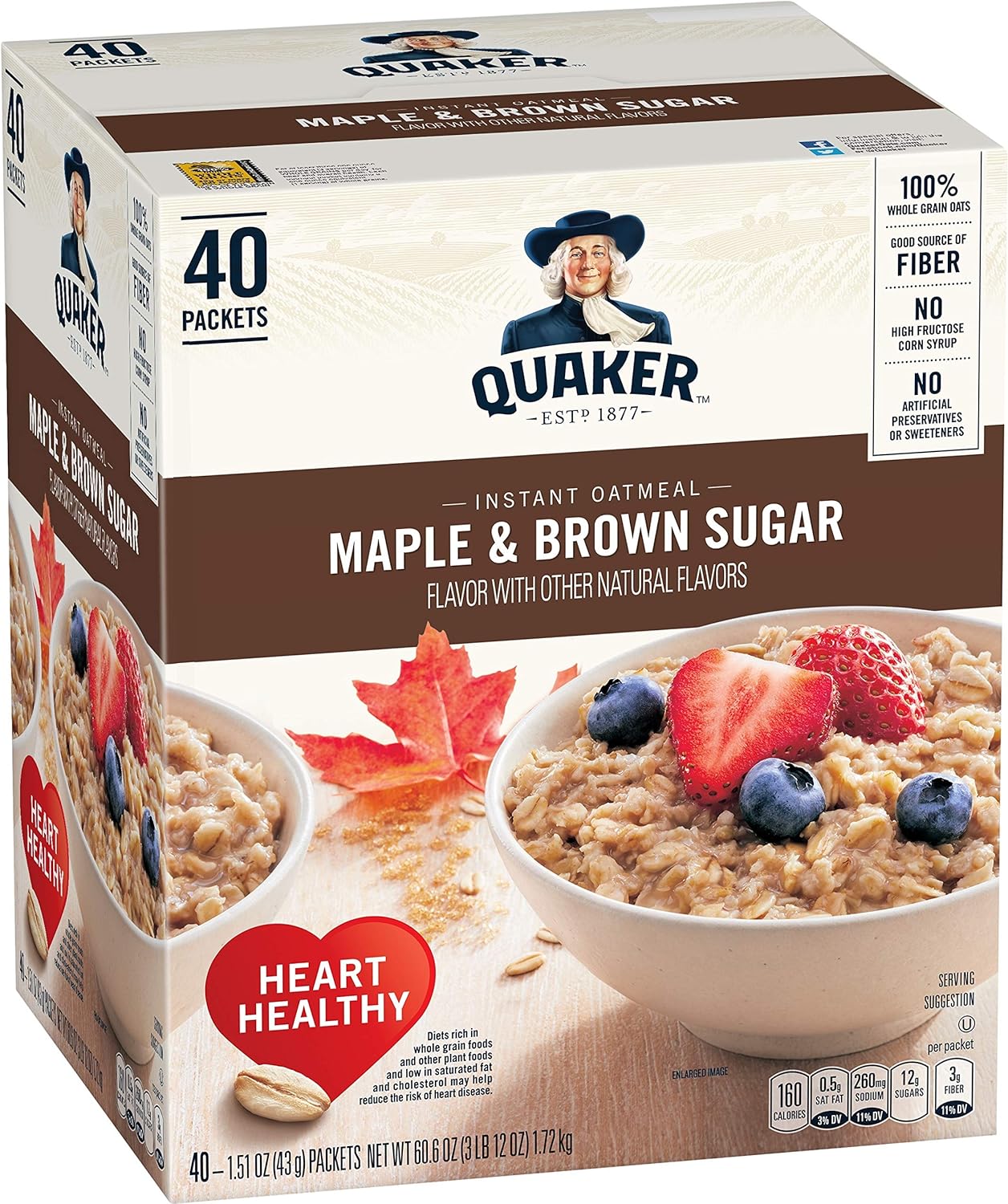 Quaker Instant Oatmeal, Maple Brown Sugar (40 Count), 60.6 oz