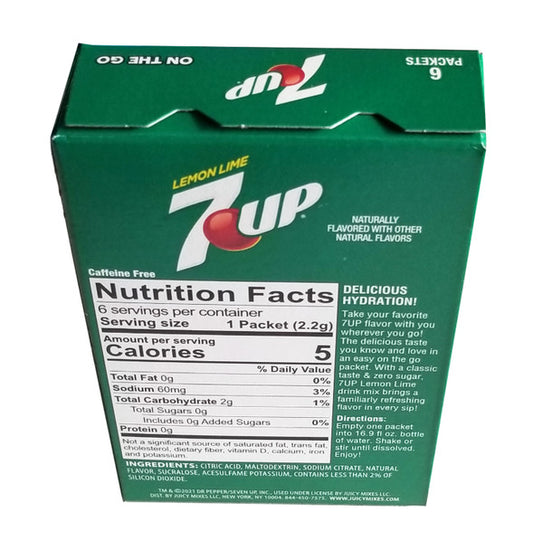 7Up Lemon Lime Sugar Free Drink Mix, 6 Packets - 13.2g/0.5oz Package Back Side Nutrition Facts