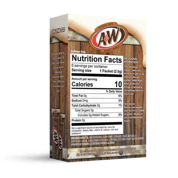 A&W Root Beer Sugar Free Drink Mix Box 6 Packets - 15g/0.5oz Package Back Side Nutrition Information