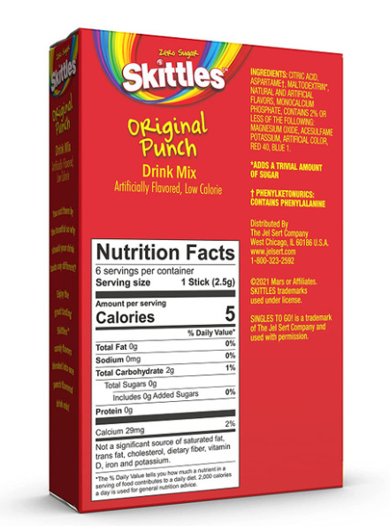 Skittles Zero Sugar Original Punch Flavored Drink Mix, 6 packets, 15.5g/0.55 oz. Box .