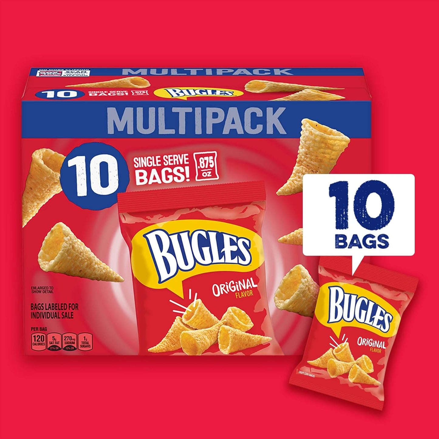 Bugles Crispy Corn Snacks, Original Flavor, Snack Bag, 8.75 oz 10 Bags