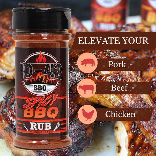 10-42 BBQ Spicy Seasoning Rub - All natural, Hot BBQ Rub | Meat Grilling Spice | Spicy Dry Rub | Steak and Beef Seasoning | Prime Rib, Butt, Brisket, Pulled Pork, Chicken & Turkey Rub| No MSG 5.5oz