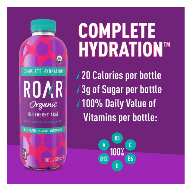 Roar Organic Blueberry Acai Vitamin Enhanced Beverage, 532mL/18.6 fl. oz., Bottle .
