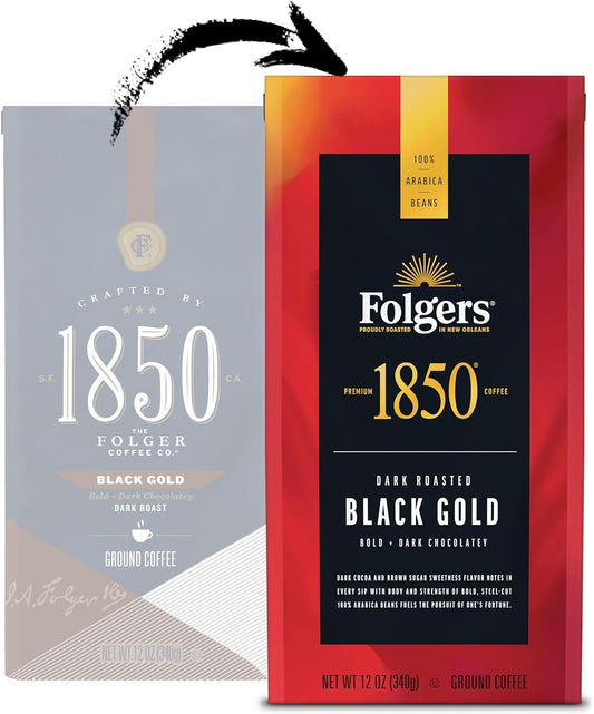 1850 by Folgers Coffee Black Gold Dark Roast Ground Coffee, 12 Ounces