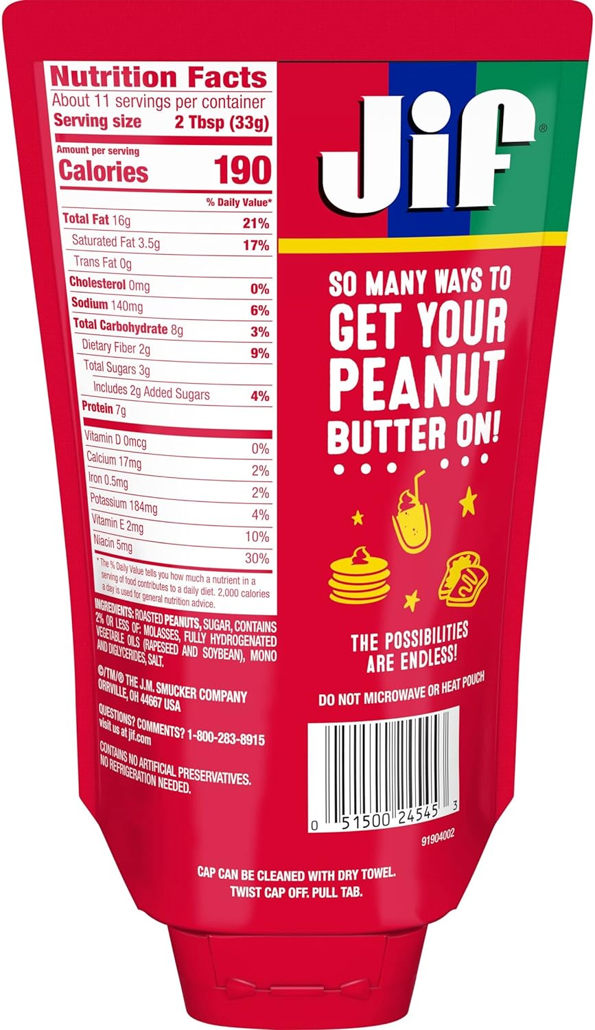 Jif Squeeze Creamy Peanut Butter, Portable Peanut Butter Pouch, 13 Oz