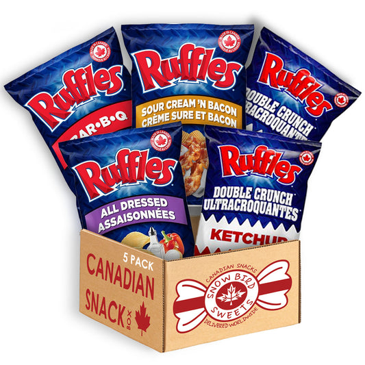 Ruffles Potato Chips - variety pack. 2x All Dressed, 1x Sour Cream N' Bacon, 1x BBQ and 1 Ketchup