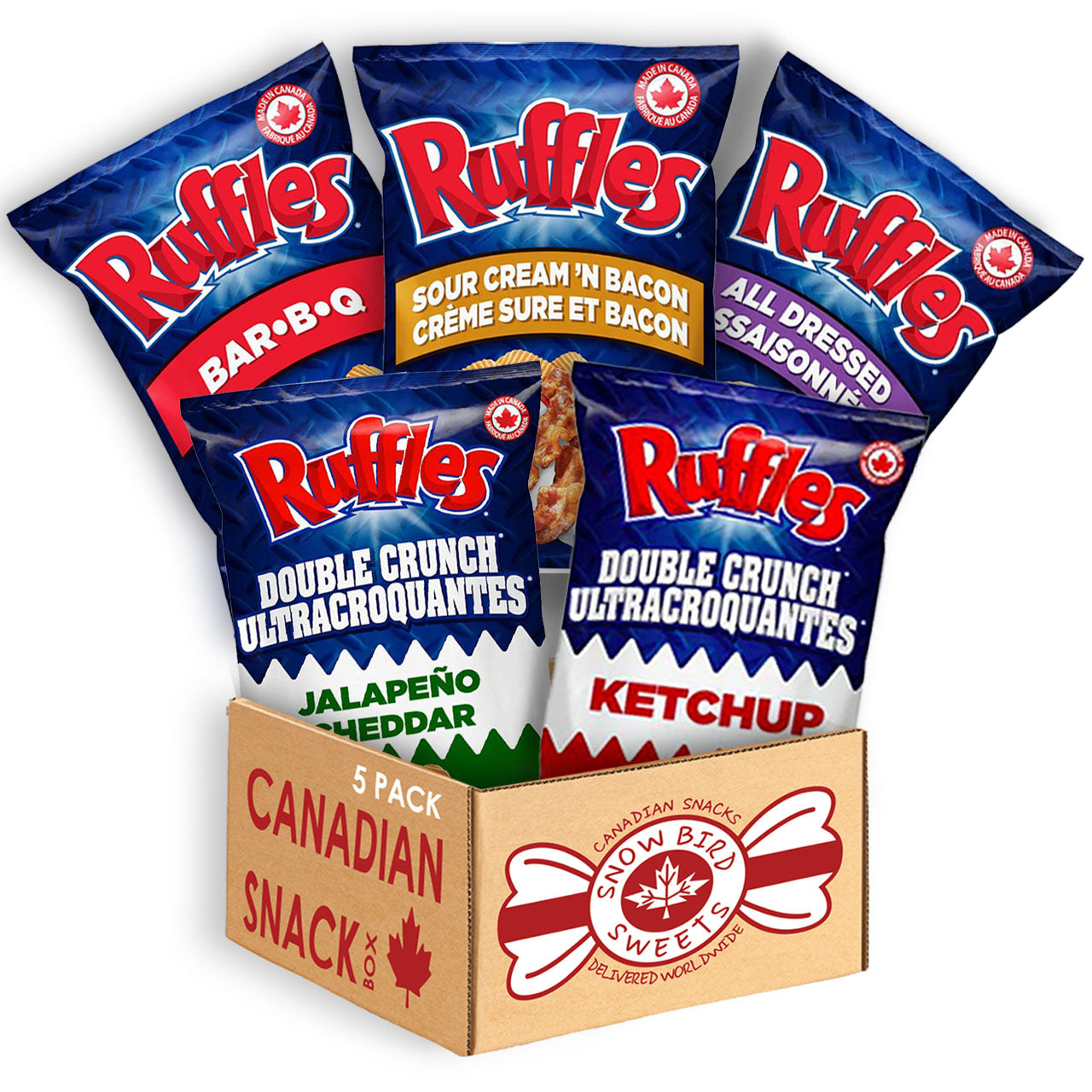 Ruffles Variety Bundle 1 BBQ, 1 Sour Cream, 1 All dressed, 1 Jalapeno, 1 Ketchup