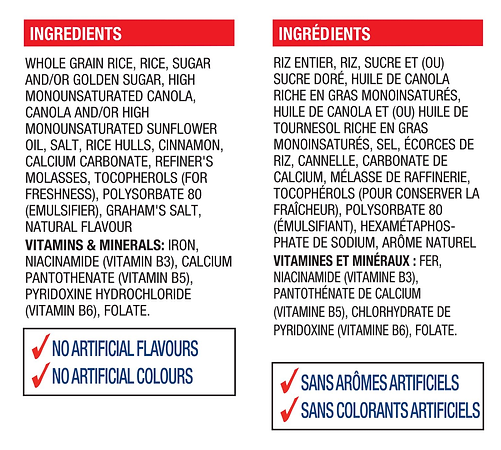 Chex Gluten Free Cinnamon Cereal - 345g Ingredients List