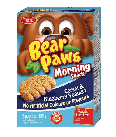 Dare Bear Paws Cereal & Blueberry Yogourt Cookies 6 Pouches - 189g